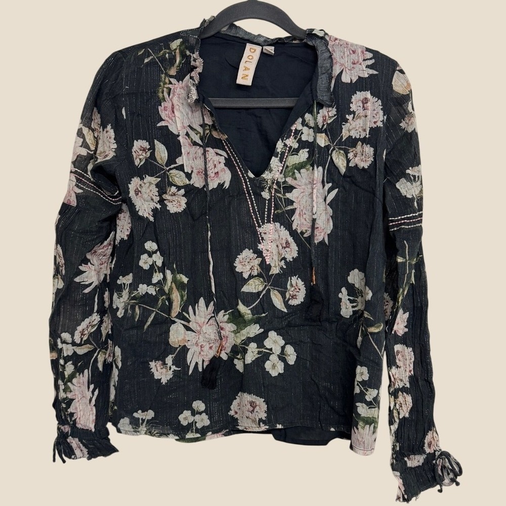Anthropologie Dolan XS Black and Pink Floral Cotton Blouse Delicate Ruffle Trim